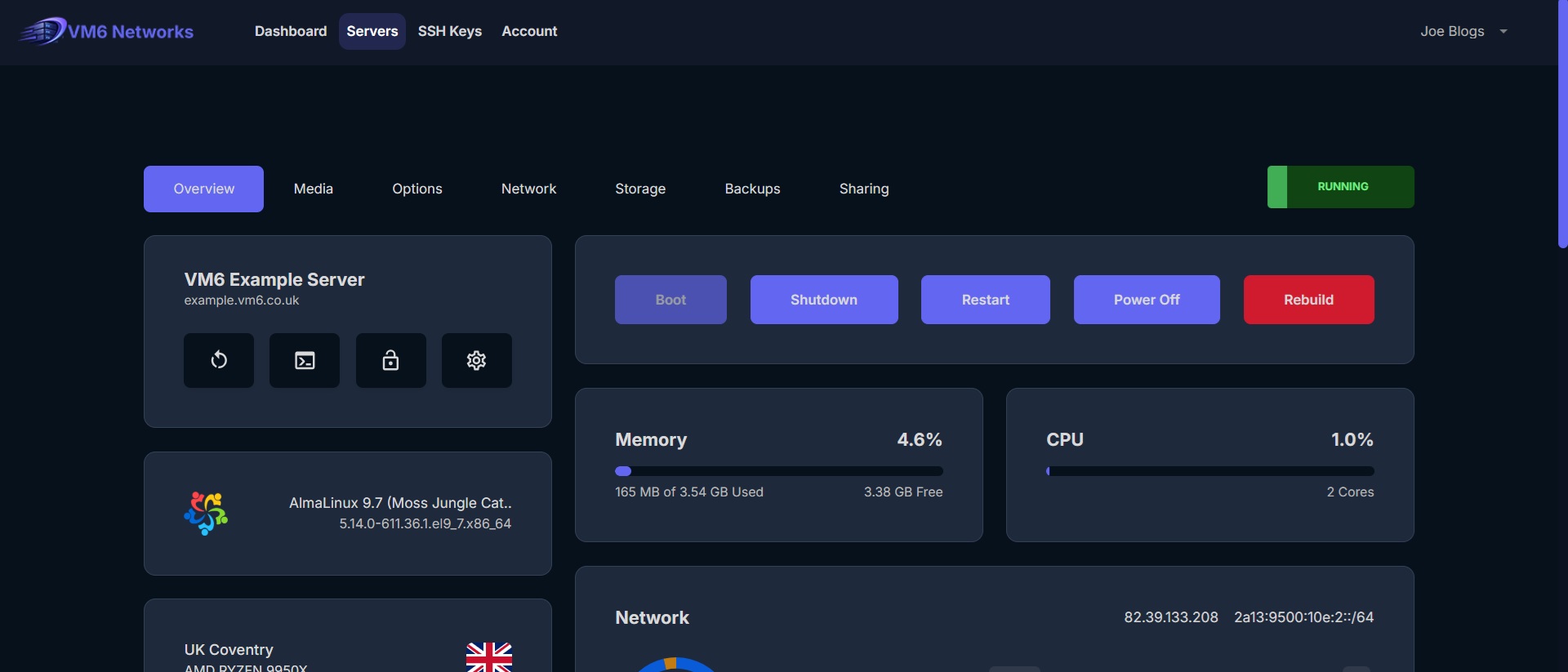 VirtFusion UK VPS control panel dashboard - VM6 Networks